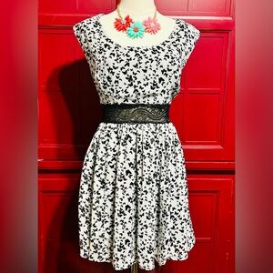 Chic Black and White Midi Dress Butterfly print with Lace Waistband